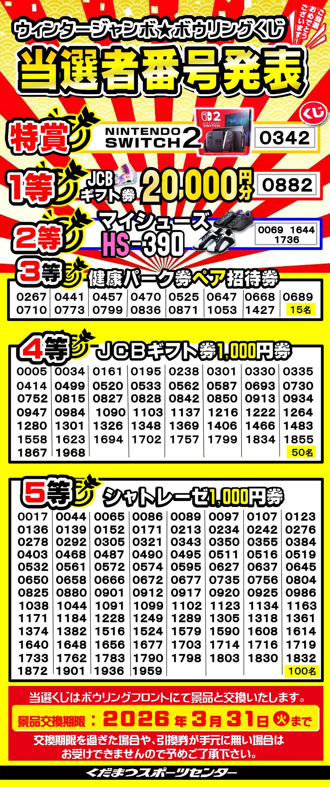 ウィンタージャンボ★ボウリングくじ当選者番号発表