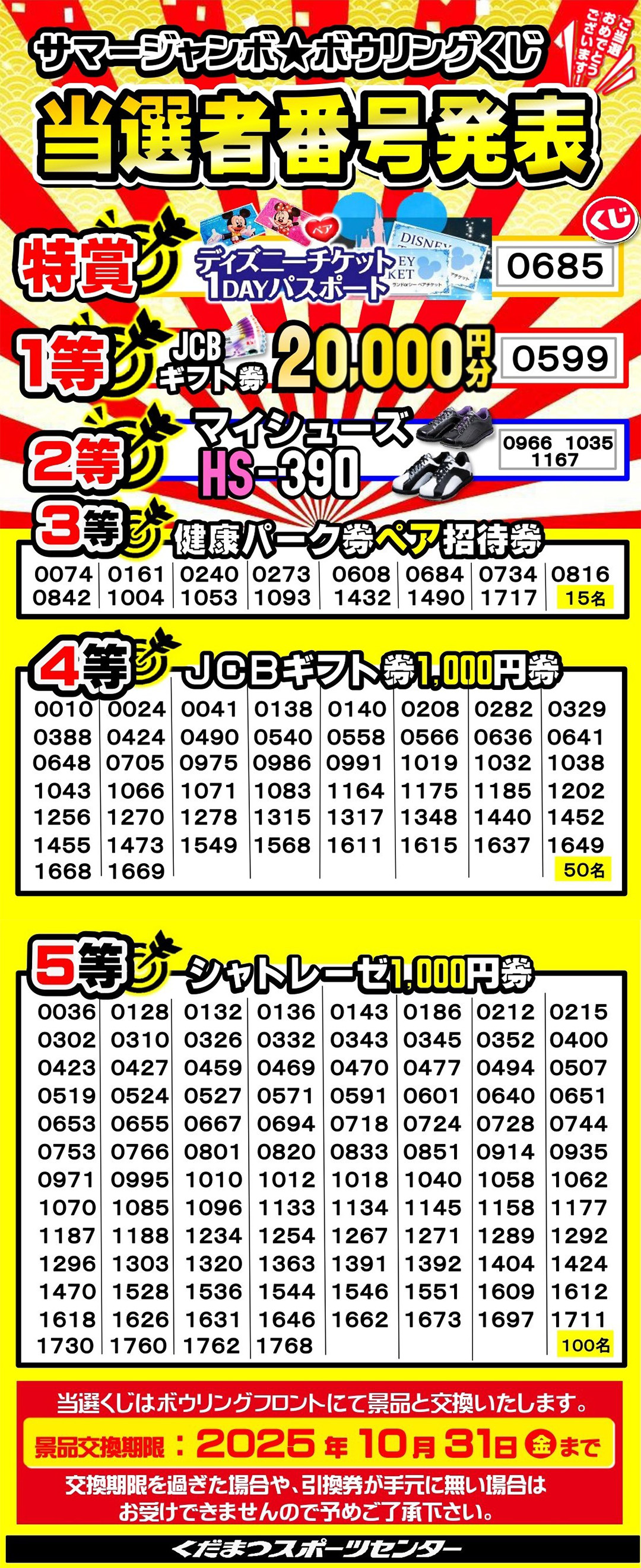 サマージャンボ★ボウリングくじ当選者番号発表
